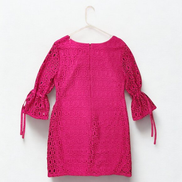 Hot Pink Crochet Lace Bell Sleeve Mini Dress - Picture 3 of 10